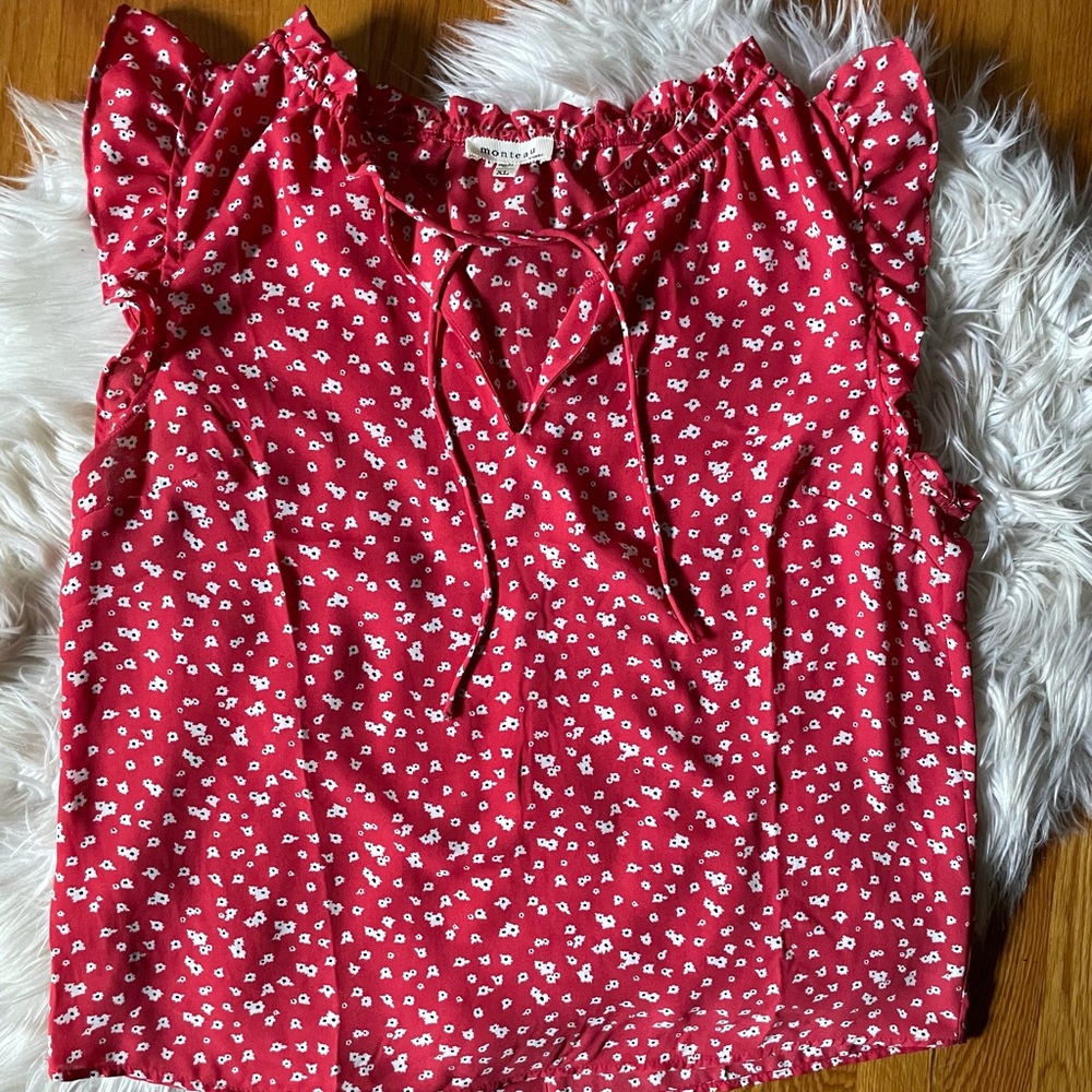 Red and White Floral Ruffle Top